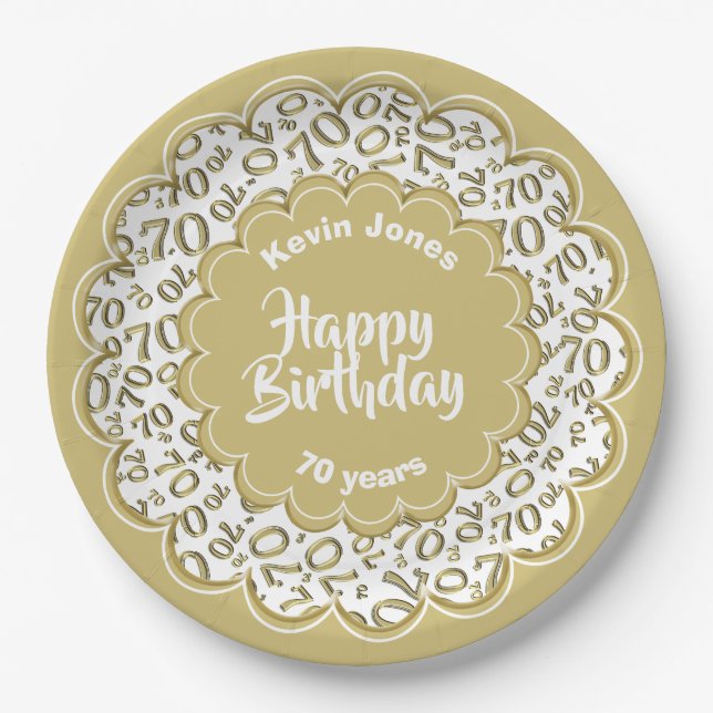 Plato De Papel Feliz cumpleaños 70.º patrón de números dorados/bl (Anverso)