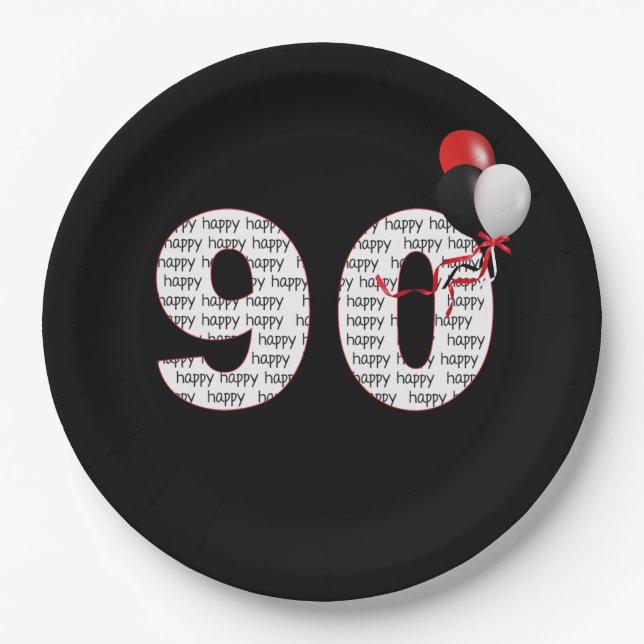 Plato De Papel Feliz cumpleaños 90 en la placa de papel negro (Anverso)