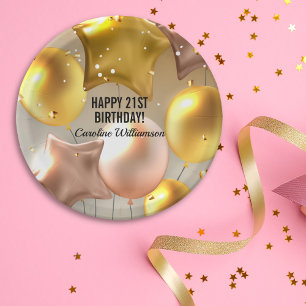 Plato De Papel Feliz cumpleaños a los globos Purpurinas de oro de