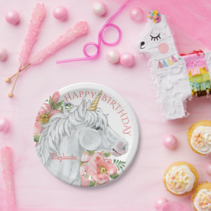 Plato De Papel Feliz cumpleaños a unicornio floral personalizada