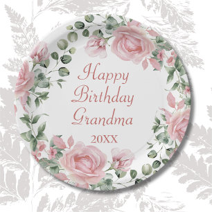 Plato De Papel Feliz cumpleaños, abuela, Fiesta floral rosa