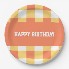 Plato De Papel Feliz cumpleaños amarillo gingham
