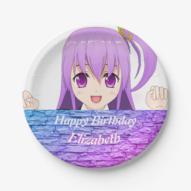 Plato De Papel Feliz cumpleaños anime morado rosa kawaii chica (Anverso)