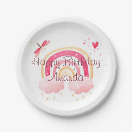 Plato De Papel Feliz cumpleaños, arcoiris rosa personalizado