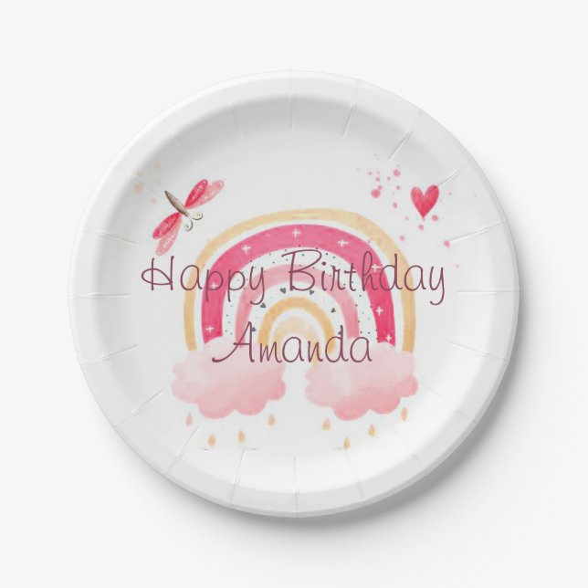 Plato De Papel Feliz cumpleaños, arcoiris rosa personalizado (Anverso)