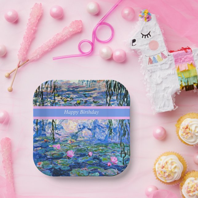 Plato De Papel Feliz cumpleaños, arte de Water Lilies, (Fiesta)