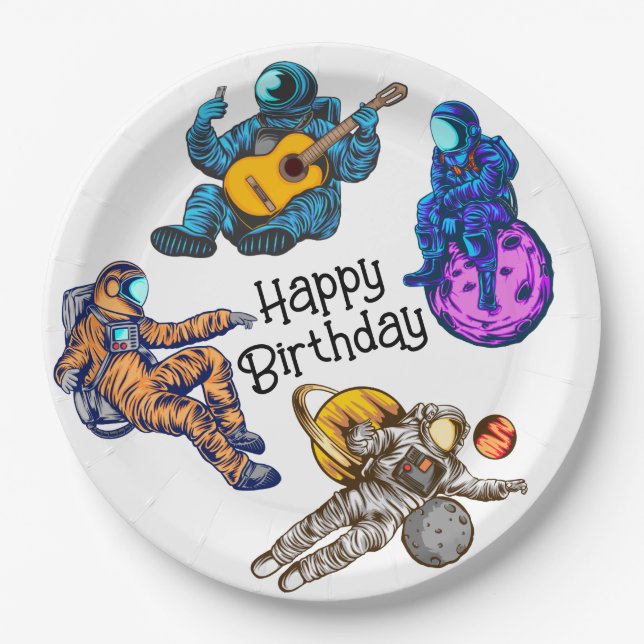 Plato De Papel Feliz Cumpleaños Astronauta (Anverso)