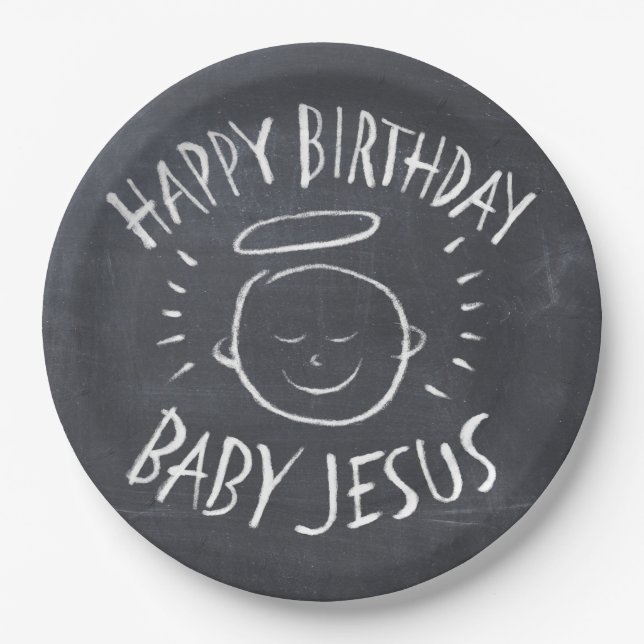 Plato De Papel Feliz cumpleaños, bebé Jesús Navidades Chalkboard (Anverso)