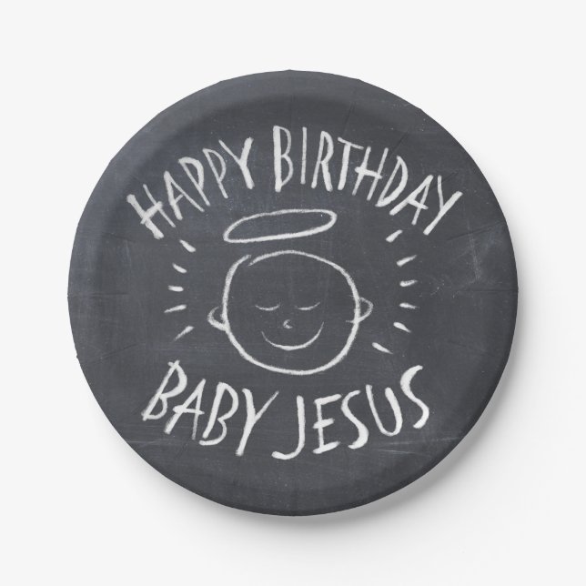 Plato De Papel Feliz cumpleaños, bebé Jesús Navidades Chalkboard (Anverso)