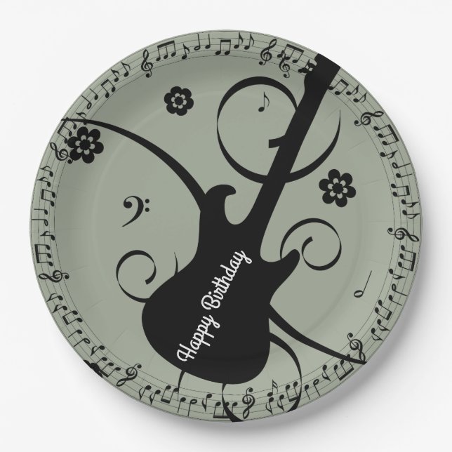 Plato De Papel Feliz cumpleaños Black Music Notes Guitar Flowers (Anverso)