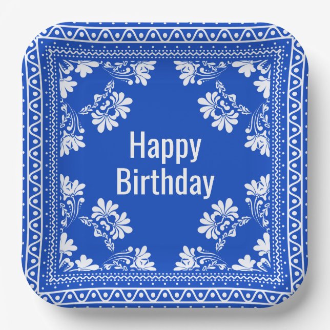 Plato De Papel Feliz cumpleaños Blue Bandana (Anverso)