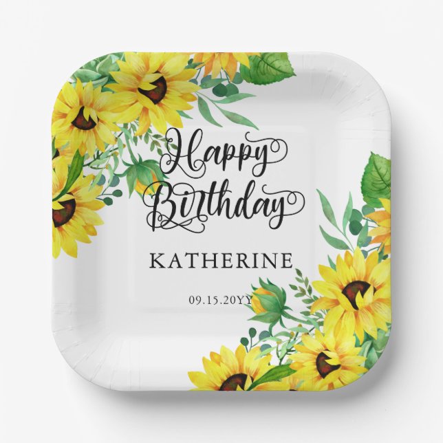 Plato De Papel Feliz cumpleaños Boho Sunflowers | Eucalyptus (Anverso)