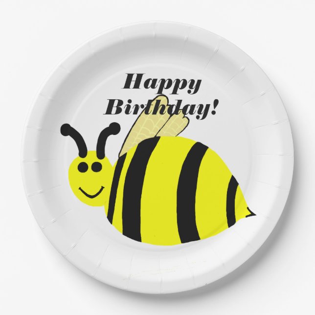 Plato De Papel Feliz cumpleaños Bumble Abeja amarillo (Anverso)