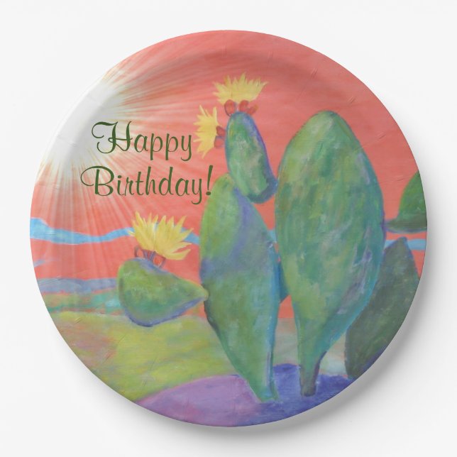 Plato De Papel Feliz cumpleaños Cactus Sunset (Anverso)