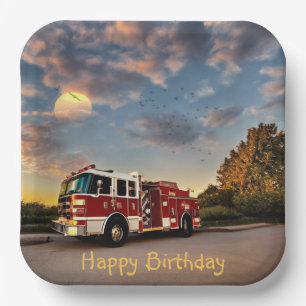 Plato De Papel Feliz Cumpleaños Camión de Bomberos