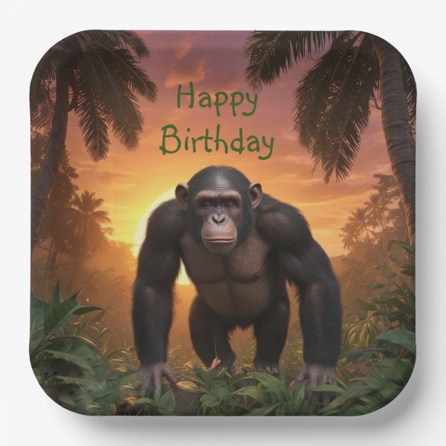 Plato De Papel Feliz cumpleaños Chimp (Anverso)
