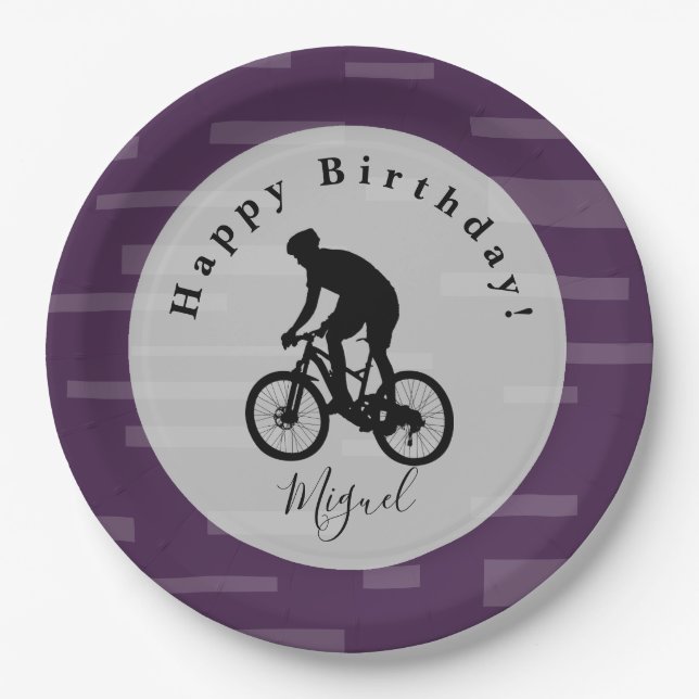Plato de papel Feliz Cumpleaños Ciclista. Plato de (Anverso)