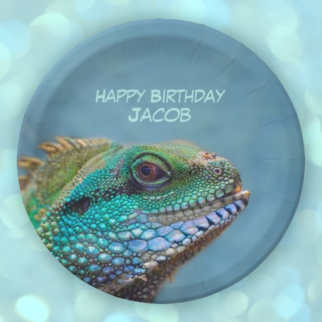 Plato De Papel Feliz cumpleaños, colorida iguana (Happy Birthday Colorful Iguana Personalized Paper Plates)
