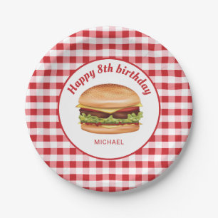 Plato De Papel Feliz Cumpleaños con Hamburguesa sobre Patrón de C