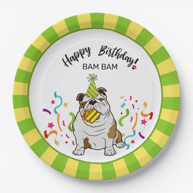 Plato De Papel Feliz cumpleaños con tu Bulldog Bam Bam Dog Fiesta (Anverso)