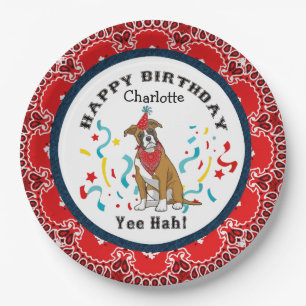 Plato De Papel Feliz cumpleaños con tu perro boxeador en Bandana 