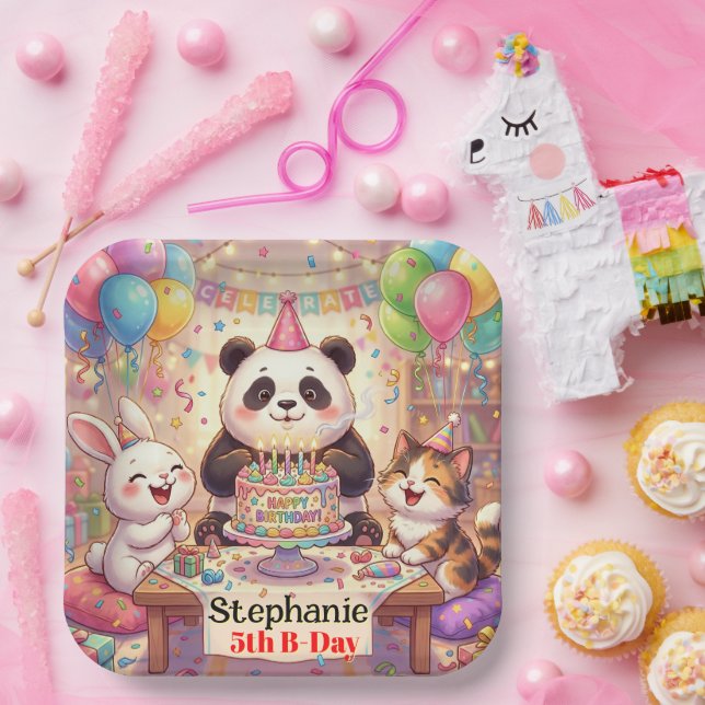 Plato De Papel Feliz Cumpleaños Conejo Panda Gato Animales Lindos (Fiesta)