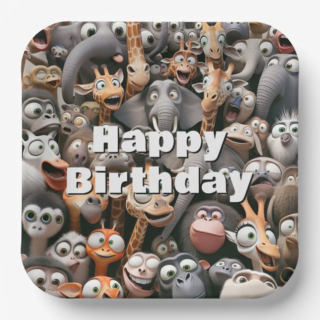 Plato De Papel Feliz Cumpleaños Crazy Wildlife Group (Anverso)