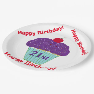 Plato De Papel Feliz Cumpleaños Cupcake con Glaseado Morado y Cer