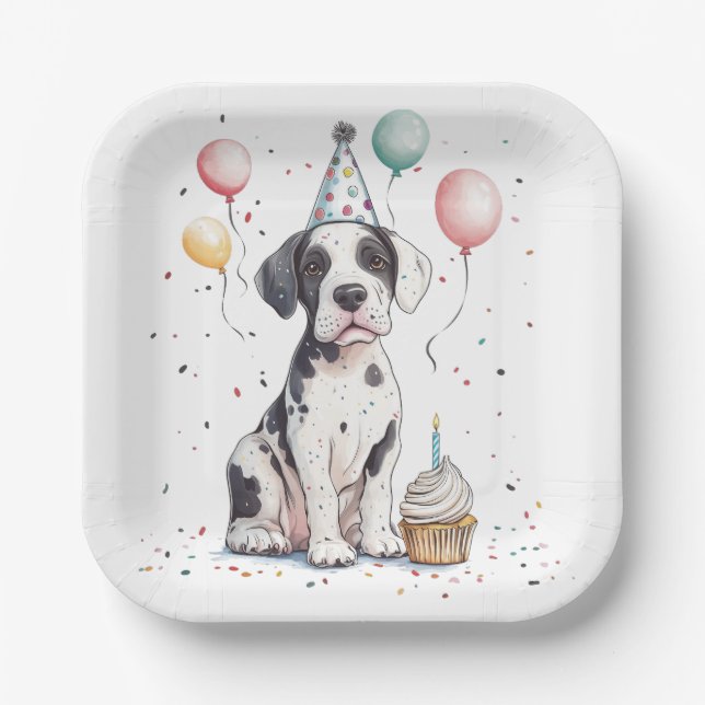 Plato De Papel Feliz Cumpleaños Cupcake de Cachorro Gran Danés (Anverso)