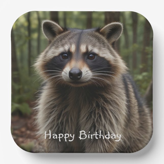 Plato De Papel Feliz cumpleaños, Cute Raccoon (Anverso)