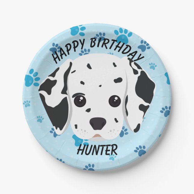 Plato De Papel Feliz cumpleaños Dalmatian Papel azul (Anverso)
