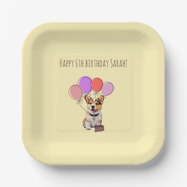 Plato De Papel Feliz Cumpleaños de Corgi Amarillo Mantequilla Sua (Anverso)