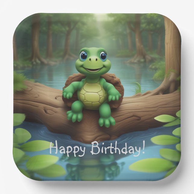 Plato De Papel Feliz cumpleaños de la tortuga (Anverso)