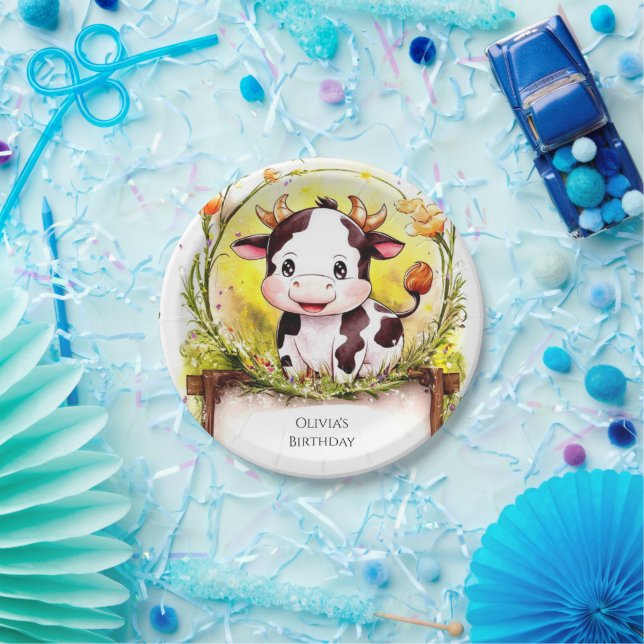 Plato De Papel Feliz cumpleaños de la vaca pequeña (Fiesta)