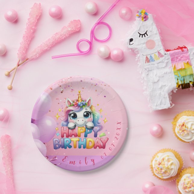 Plato De Papel Feliz cumpleaños de Unicornio mágico (Fiesta)