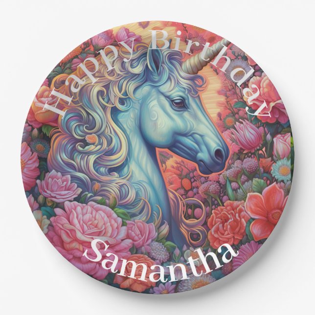 Plato De Papel Feliz cumpleaños de Unicornio mágico (Anverso)