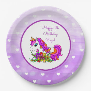 Plato De Papel Feliz cumpleaños de unicornio morado personalizado