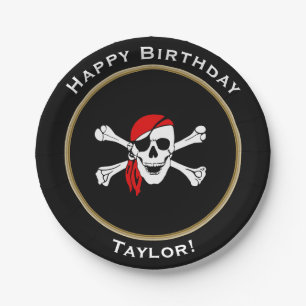 Plato De Papel Feliz cumpleaños del pirata náutico con nombre