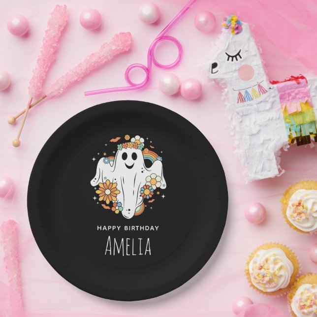 Plato De Papel Feliz cumpleaños del Vibe Hippie Ghost Retro (Fiesta)