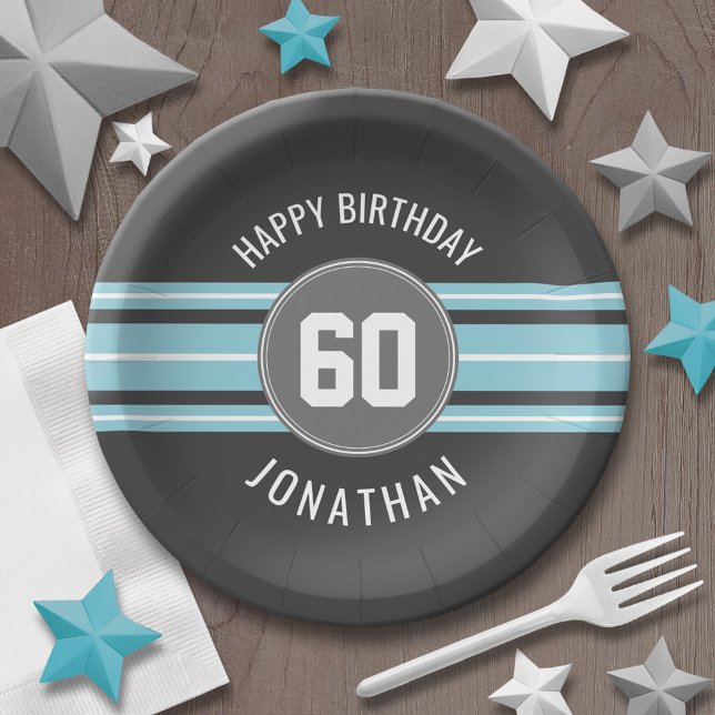 Plato De Papel Feliz cumpleaños Deportes Jersey Stripes Nombre y  (Personalized party plates - sports theme for birthday or any occasion)