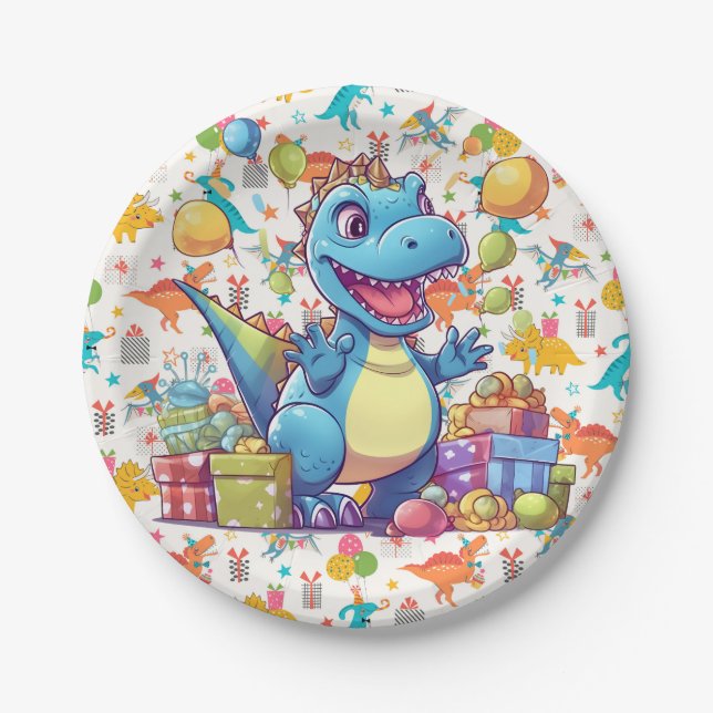 Plato De Papel Feliz Cumpleaños Dinosaurio  (Anverso)
