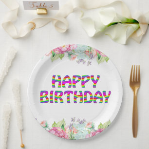 Plato De Papel Feliz cumpleaños, diseño floral