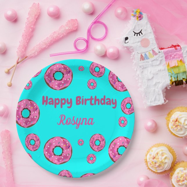 Plato De Papel Feliz cumpleaños, donuts de crema rosada azul (Fiesta)