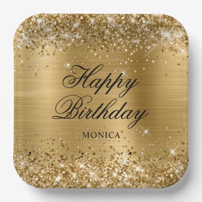 Plato De Papel Feliz Cumpleaños Dorado Brillante Glittery (Anverso)