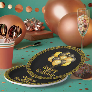 Plato De Papel Feliz Cumpleaños, dorado y negro, 
