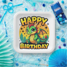 Plato De Papel Feliz cumpleaños Dragon