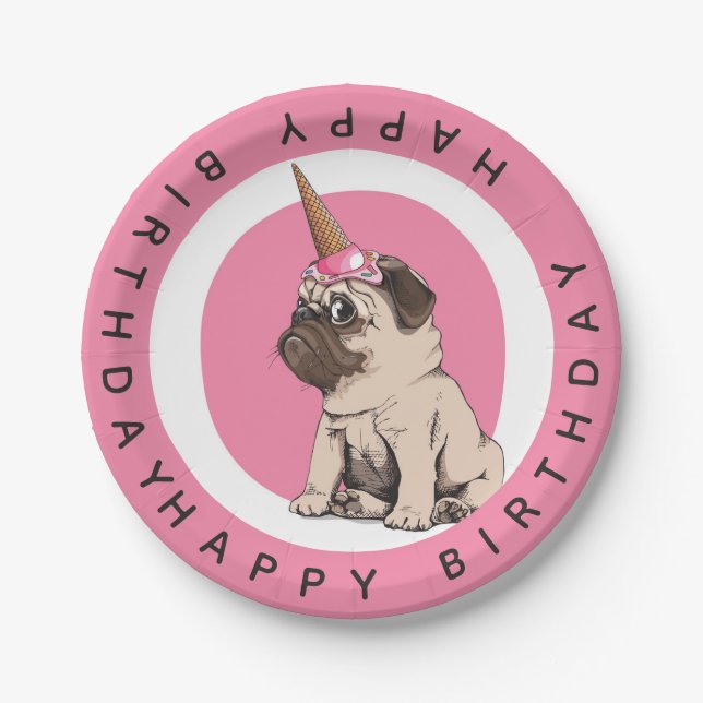 Plato De Papel Feliz cumpleaños el | Pugicorn (Anverso)