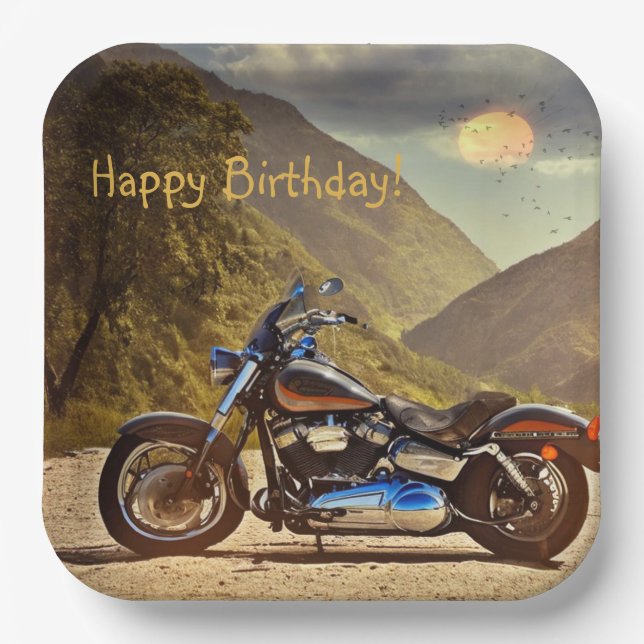 Plato De Papel Feliz cumpleaños en motocicleta (Anverso)