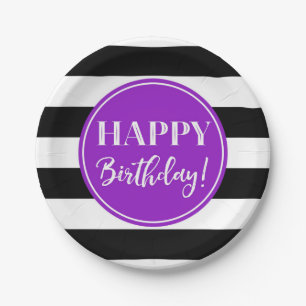 Plato De Papel Feliz cumpleaños Fiesta Black Black Stripes morado