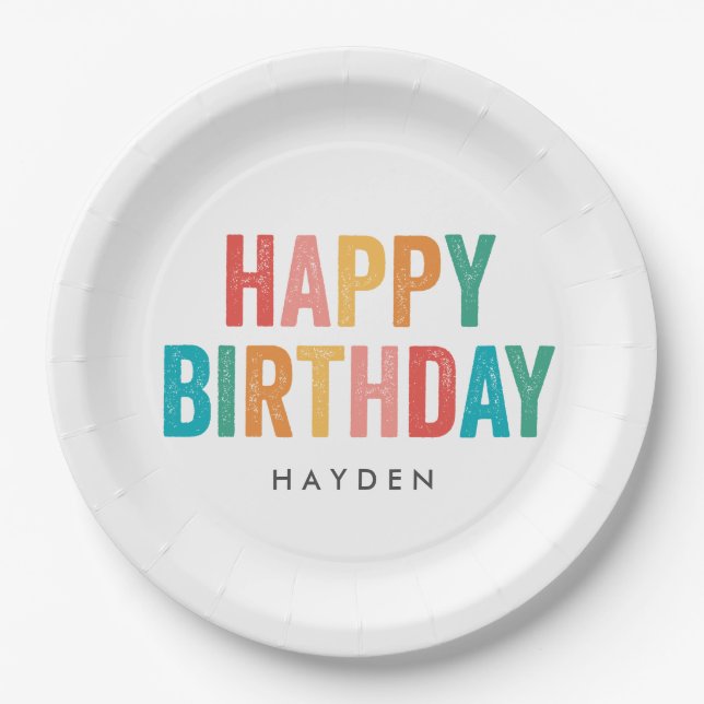 Plato De Papel Feliz cumpleaños, fiesta de cumpleaños del arcoiri (Anverso)